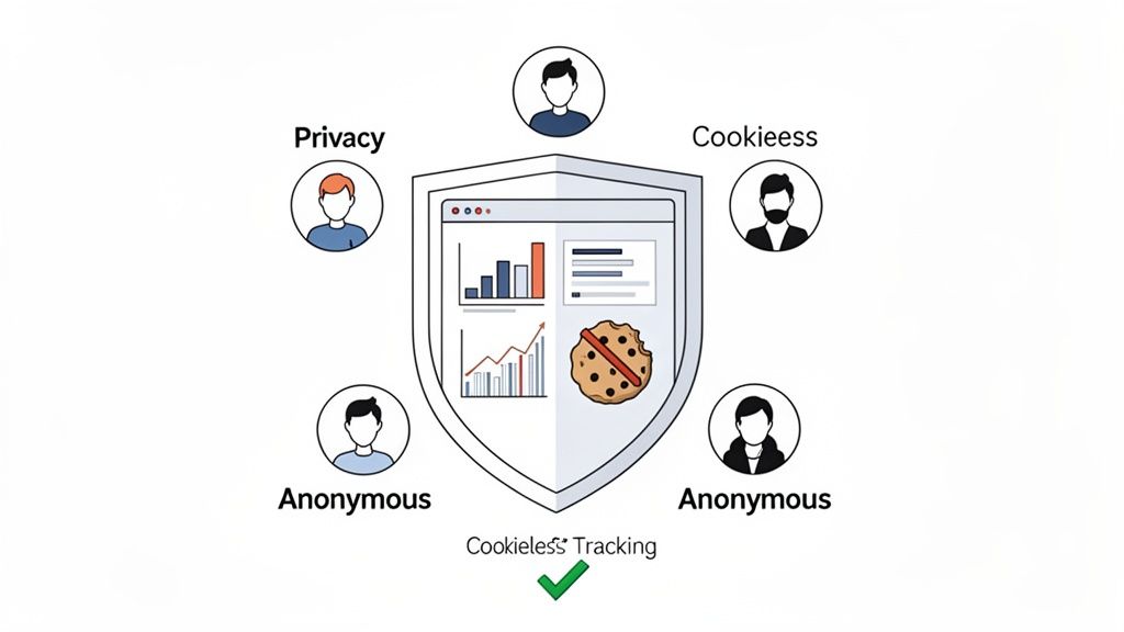 A diagram illustrating cookieless tracking, featuring a shield with data analytics and a crossed-out cookie, surrounded by concepts of privacy and anonymity.