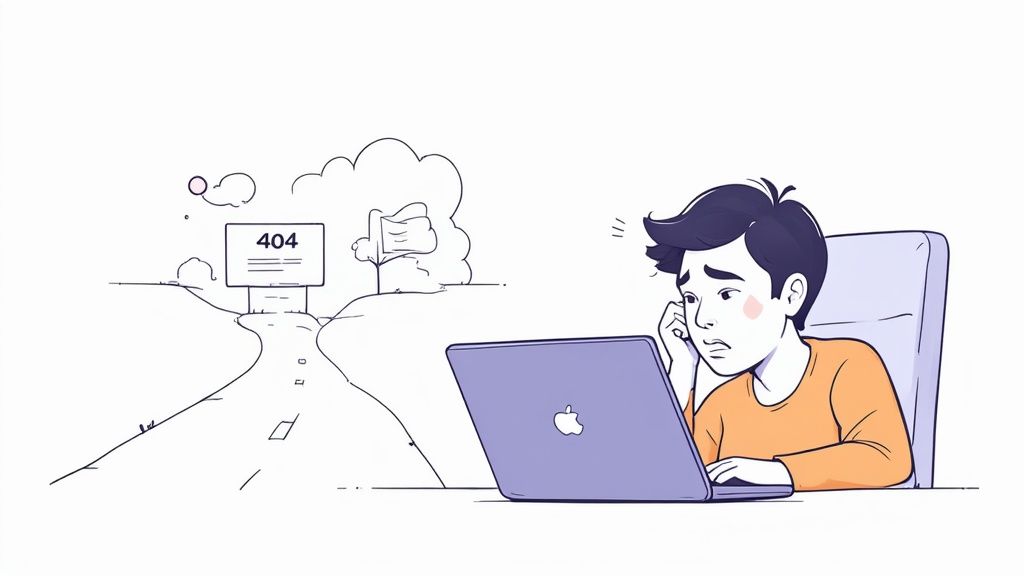 A cartoon illustration of a frustrated person looking at a laptop, with a 404 error sign.
