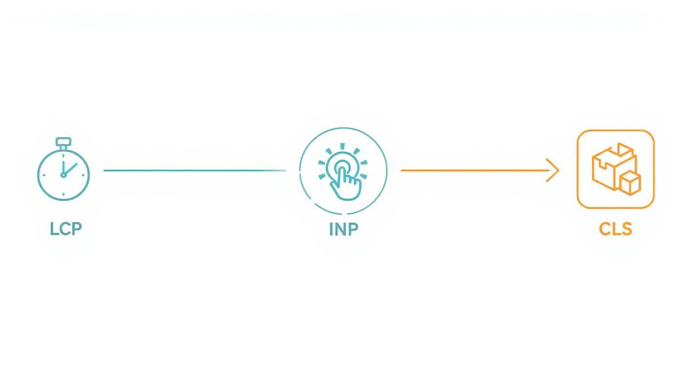 A diagram illustrating the three Core Web Vitals: LCP, INP, and CLS, in a sequential flow.