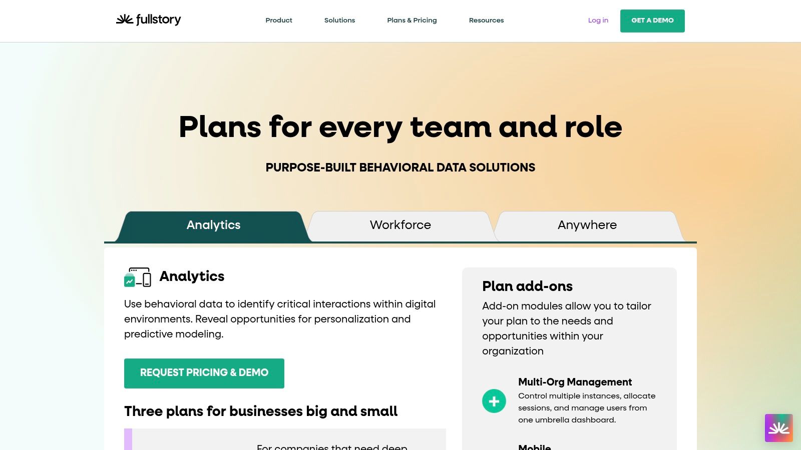 FullStory's plans page highlights its scalable session-based pricing, with a free plan for startups and advanced tiers for enterprise needs.