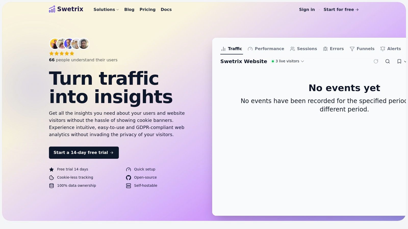 Swetrix analytics dashboard showing user behavior analytics tools data