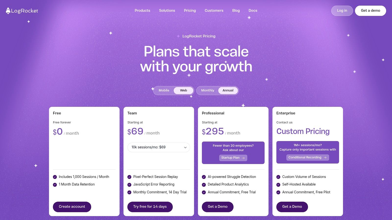 LogRocket's pricing page shows several tiers, including a free plan, making it accessible for teams of all sizes.