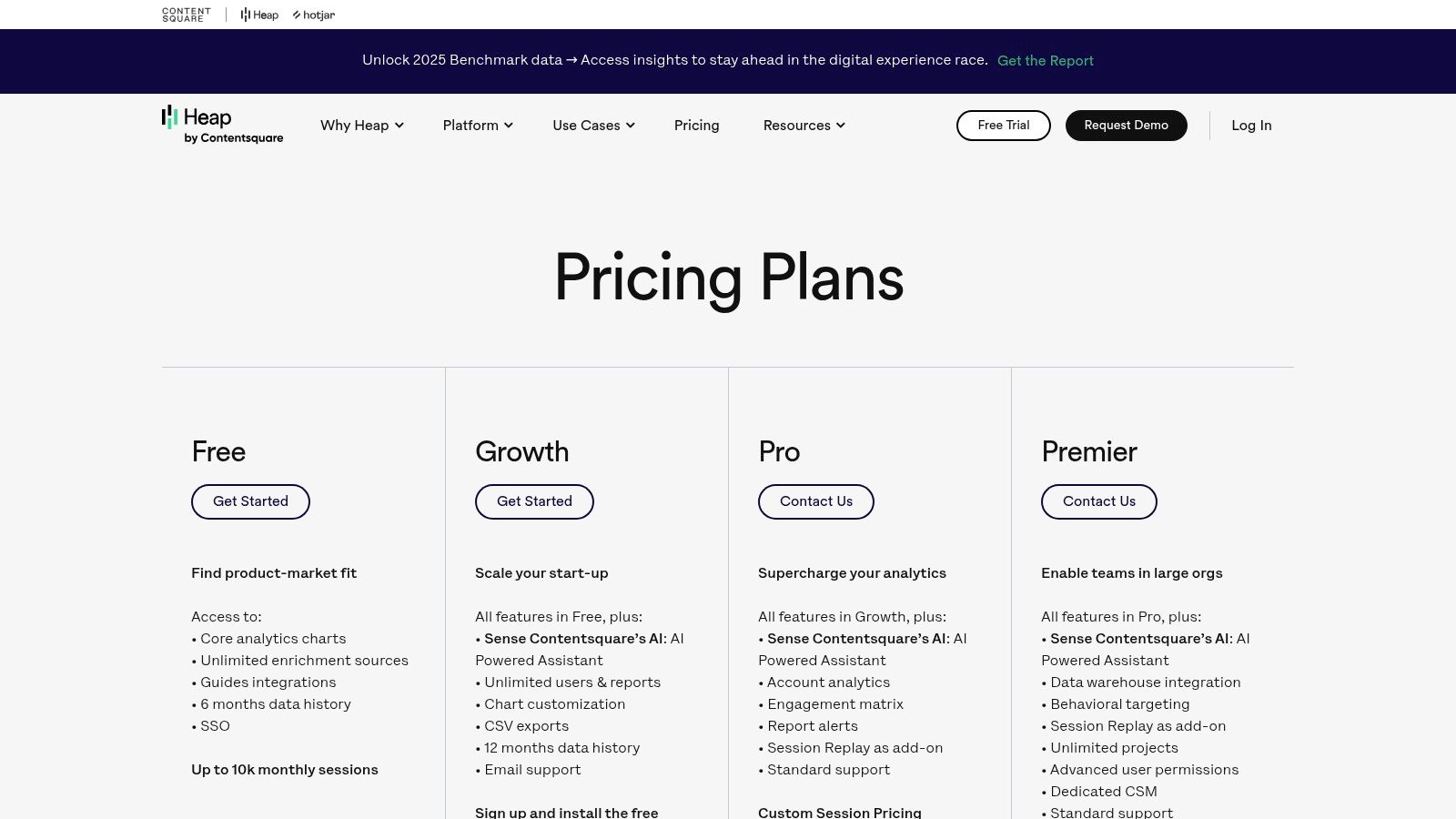 Heap (by Contentsquare) presents its pricing tiers, including a free plan and custom-priced options for growing and established businesses.