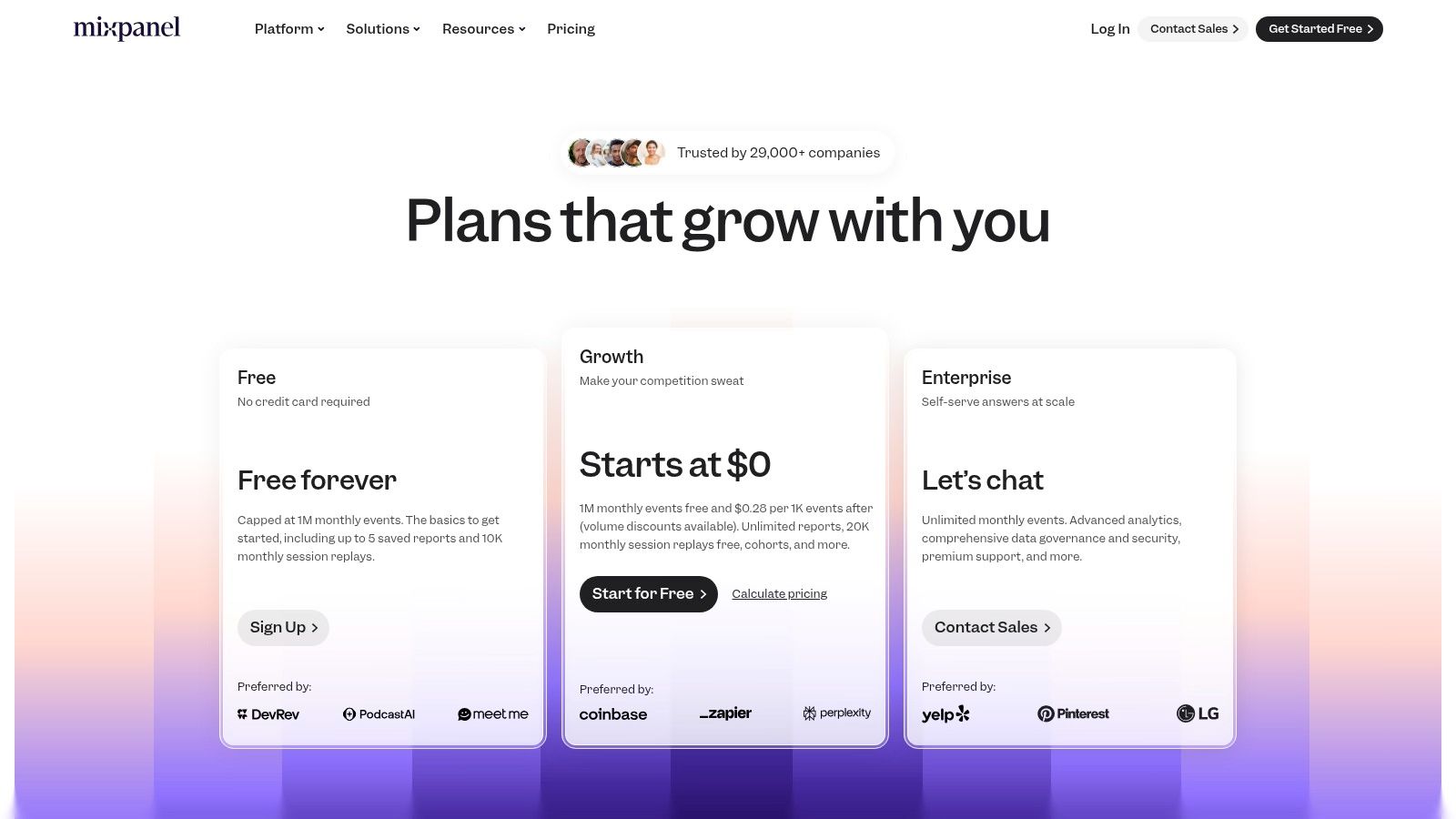 Mixpanel's pricing plans show a free tier and scalable paid options, highlighting its accessibility for startups and growth-stage companies.