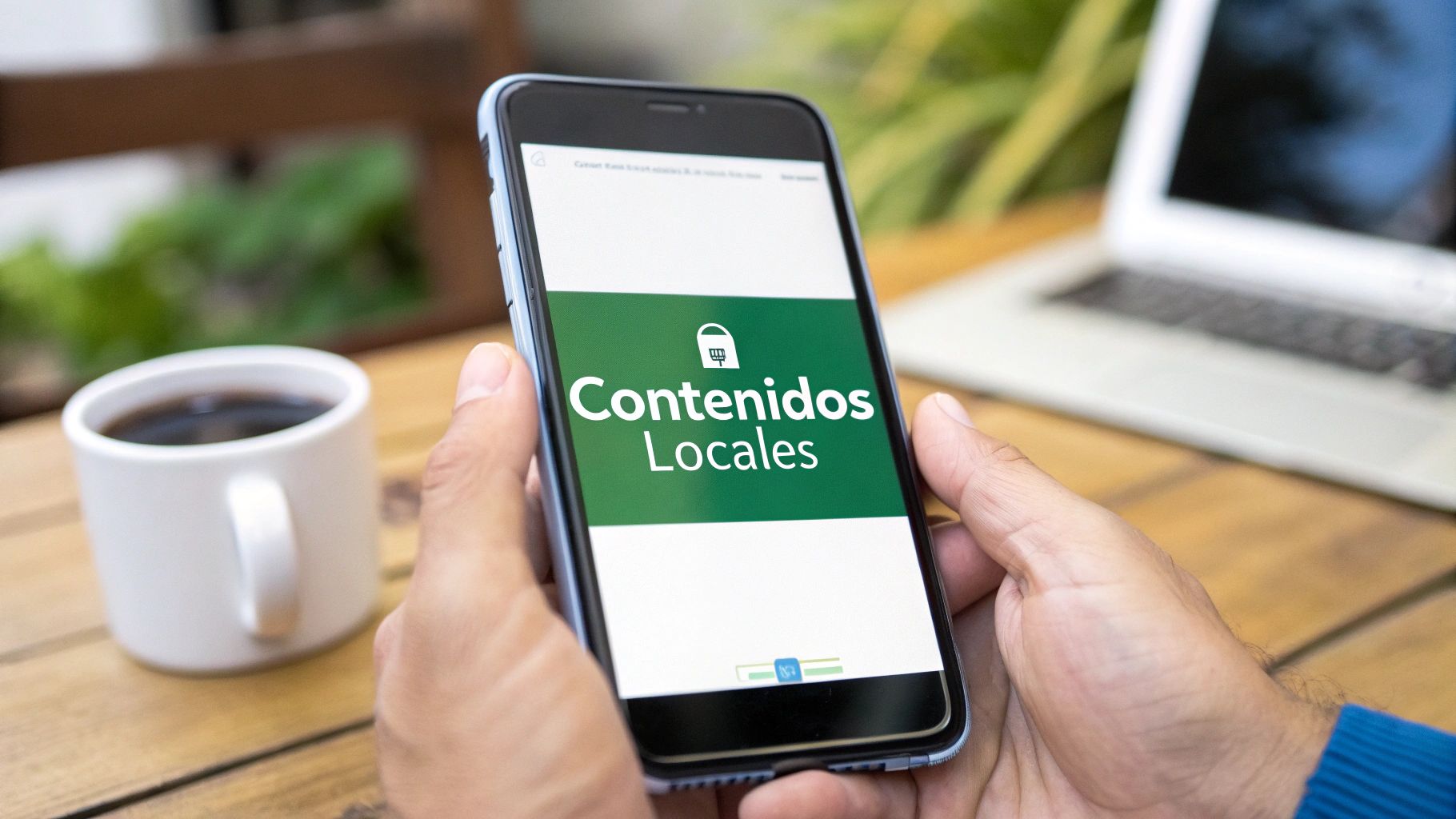 Una persona sonriendo mientras deja una reseña de cinco estrellas en su móvil sobre un negocio local.