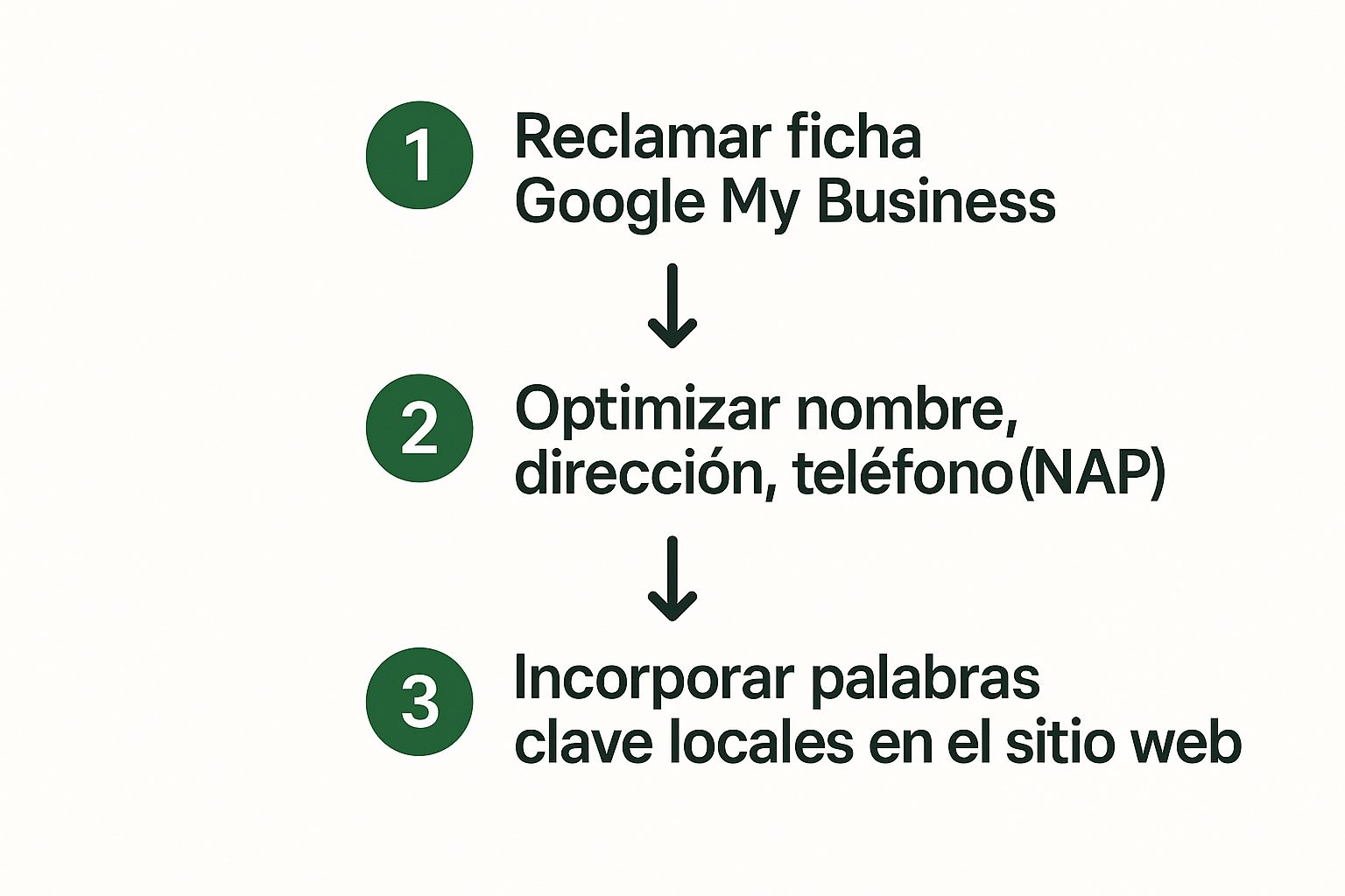 Infografía que muestra los 3 pasos clave del SEO local: 1. Reclamar ficha Google My Business; 2. Optimizar NAP; 3. Incorporar palabras clave locales.