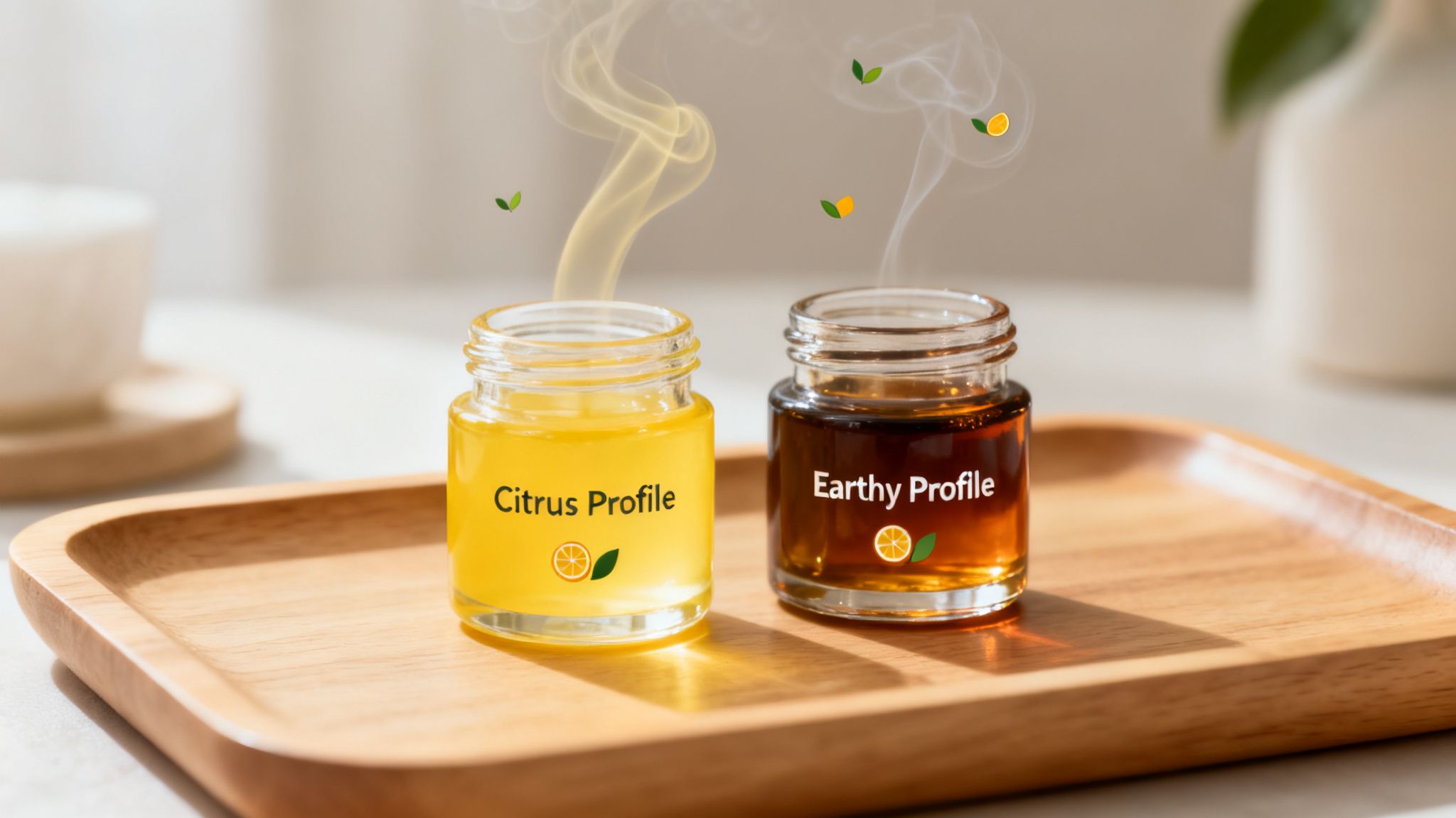 Two jars of citrus and earthy flavored liquids with rising smoke and floating icons on a tray.