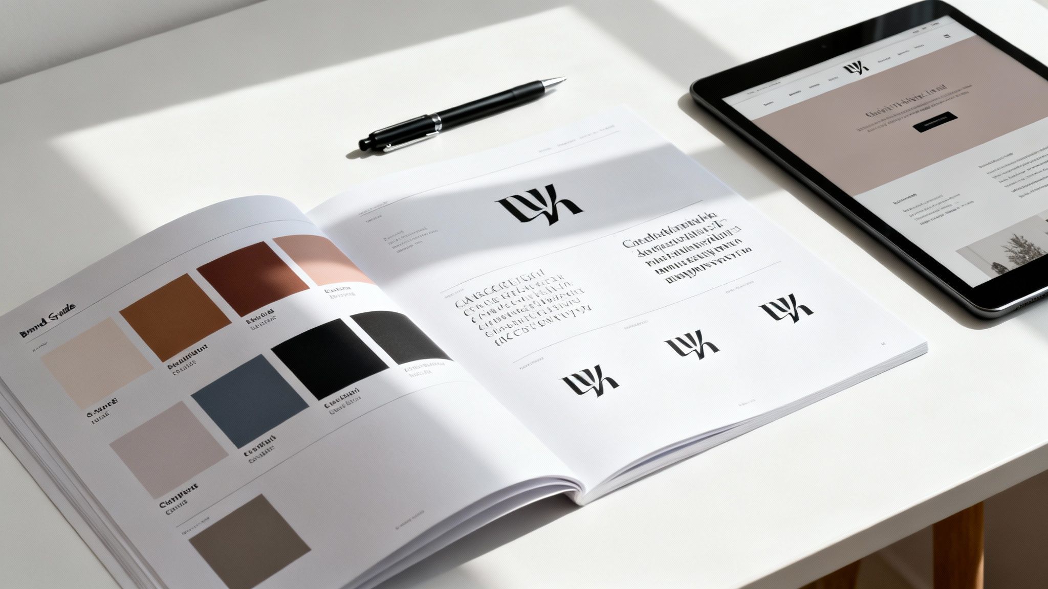 Open branding guide book, pen, and tablet on a white desk, showcasing brand identity elements.