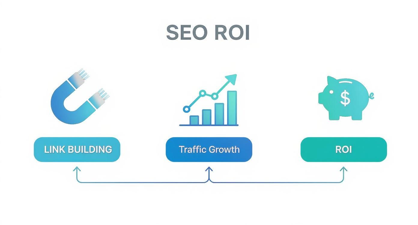 SEO ROI infographic showing link building leading to traffic growth and return on investment with icons