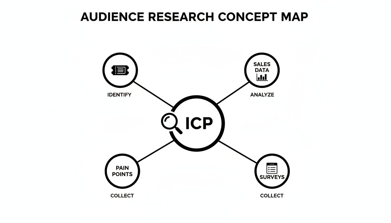 A concept map showing audience research steps focusing on ICP, sales data, pain points, and surveys.