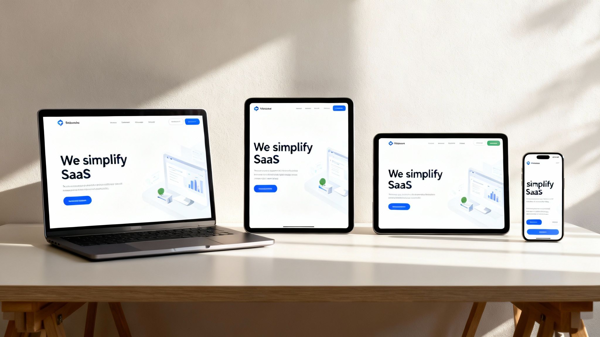 Responsive web design shown on a laptop, two tablets, and a smartphone with 'We simplify SaaS'.