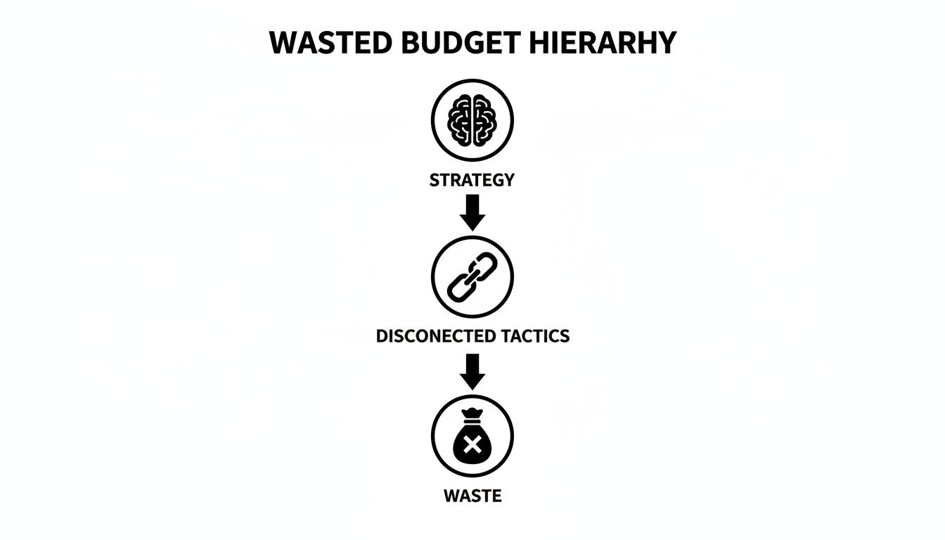 A diagram illustrates the wasted budget hierarchy, flowing from strategy to disconnected tactics and finally waste.