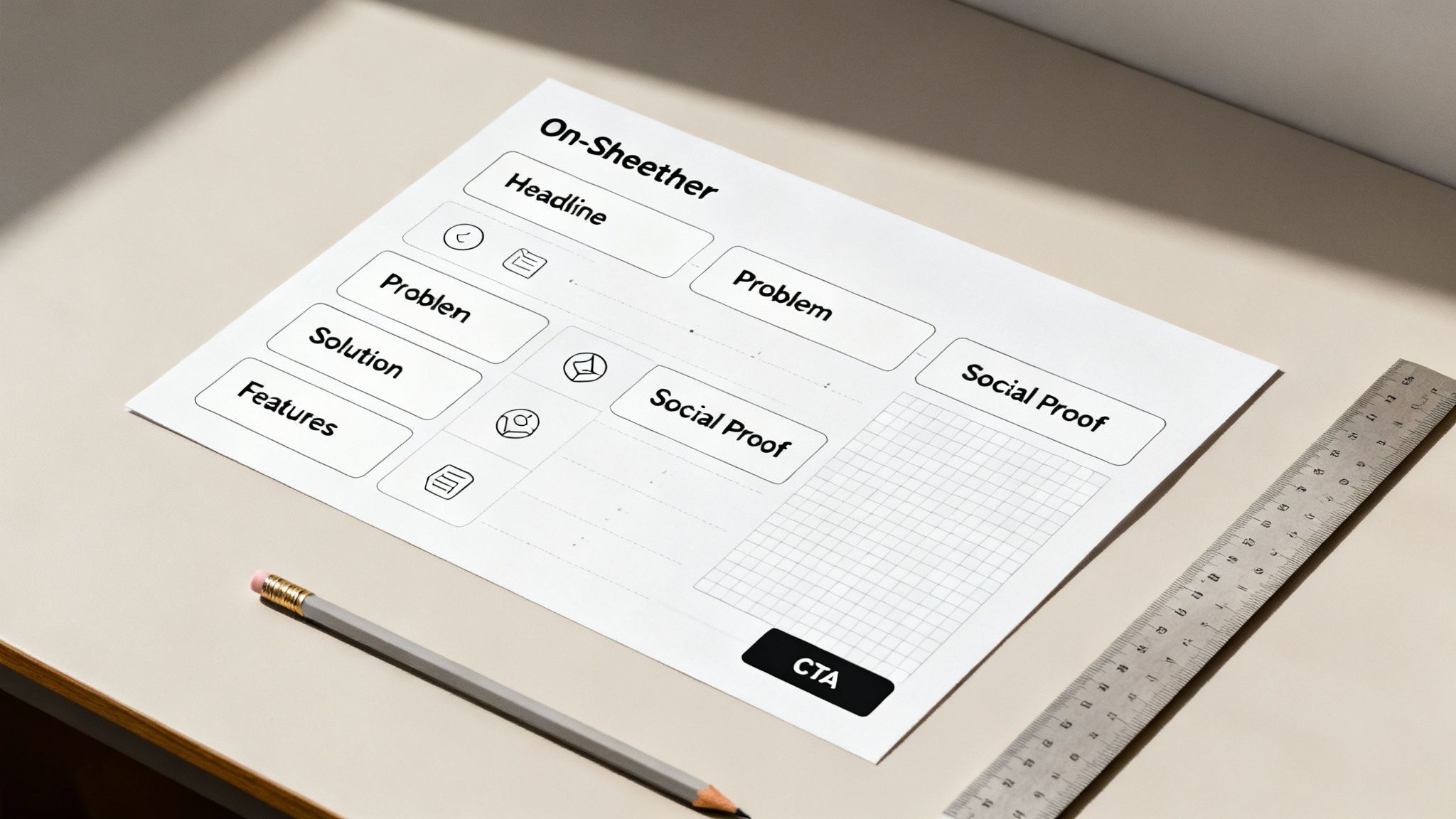 A white paper with an 'On-Sheether' template on a desk, next to a pencil and ruler.