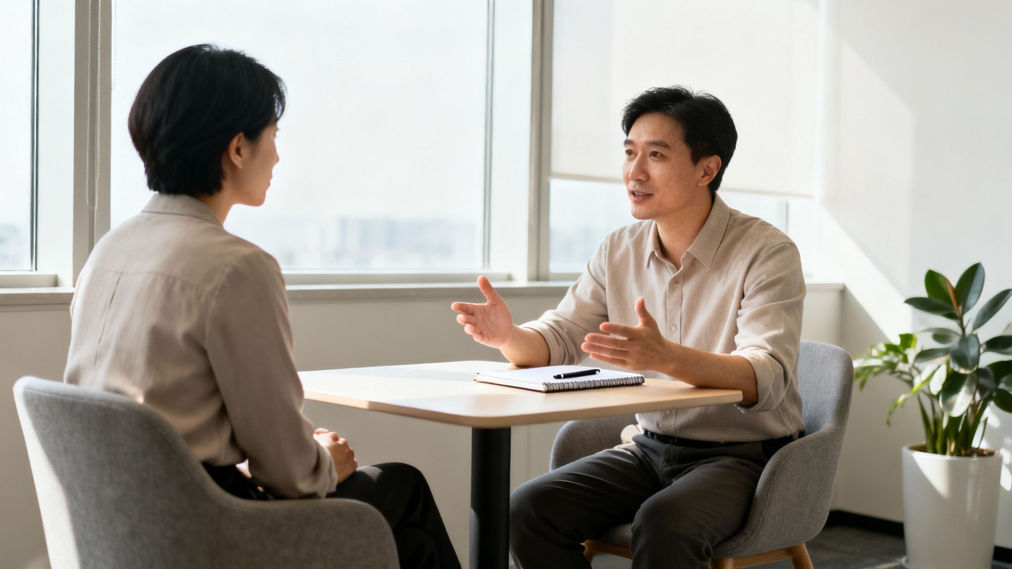 Two professionals, a man and a woman, discuss business at a table in a sunlit modern office.