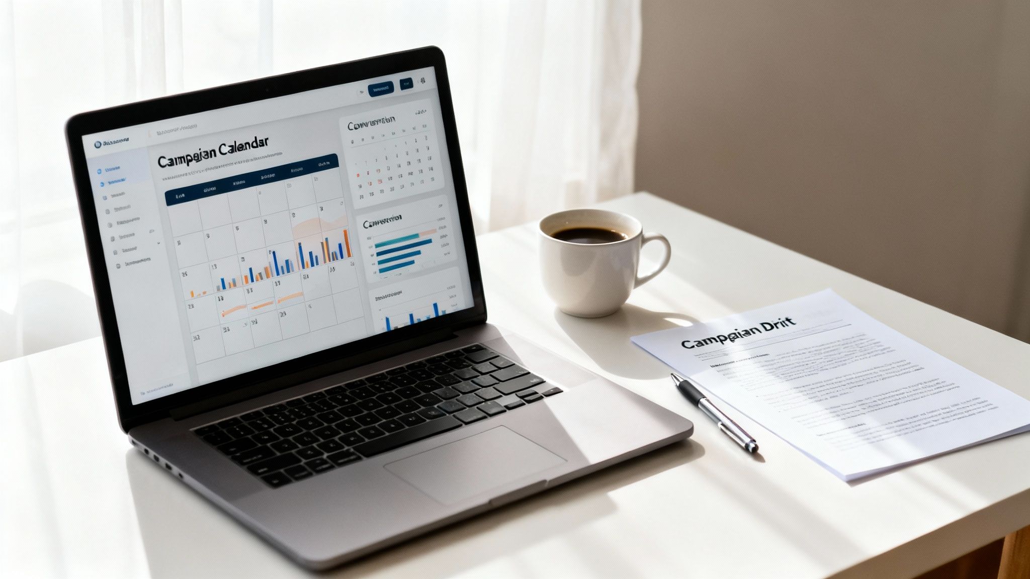 A laptop displaying a digital marketing campaign calendar and charts, with coffee and a campaign draft document on a white desk.