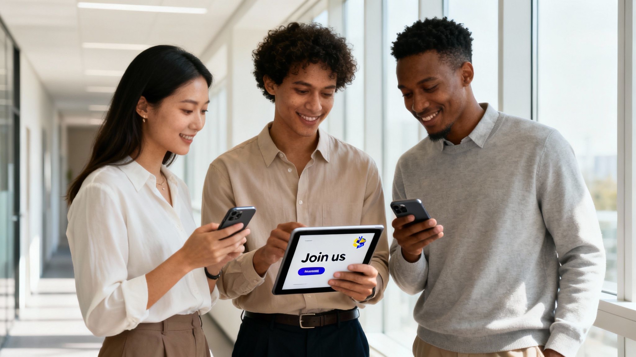 Three diverse professionals smile, using phones and a tablet displaying 'Join us' in an office.