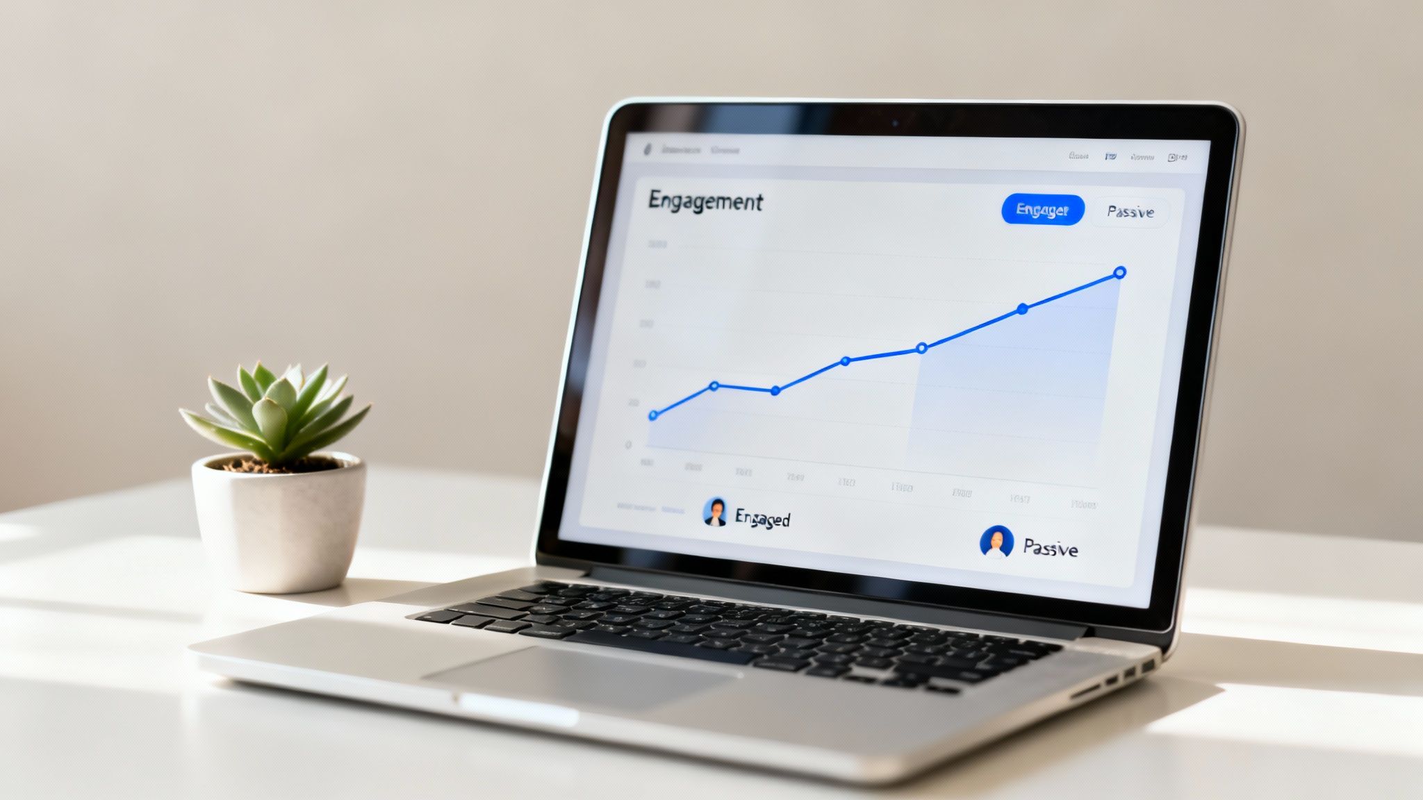 A laptop displays an engagement graph showing an upward trend, with a succulent plant nearby.