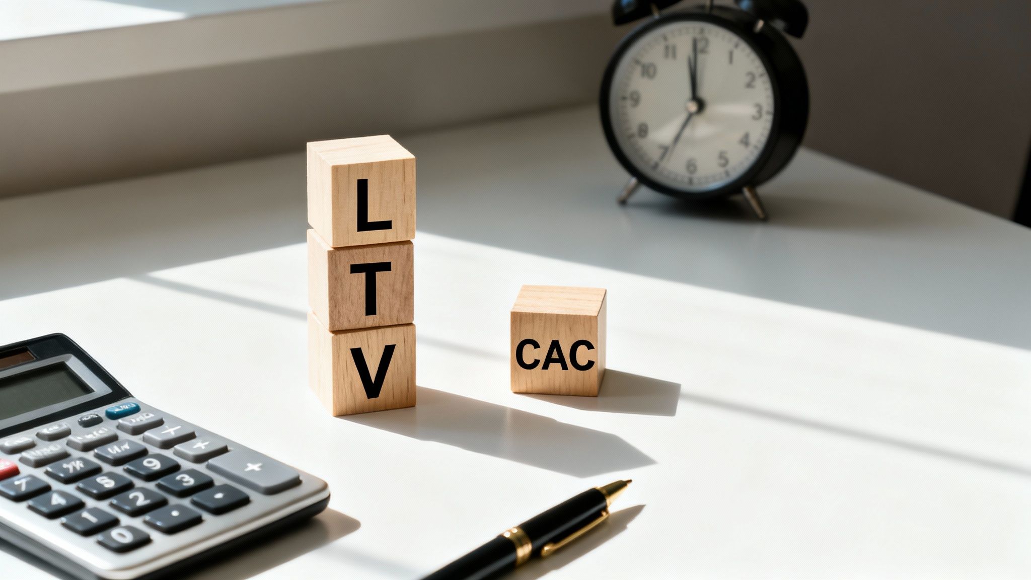 Wooden blocks spelling LTV and CAC, a calculator, and a pen on a white desk, representing business metrics.
