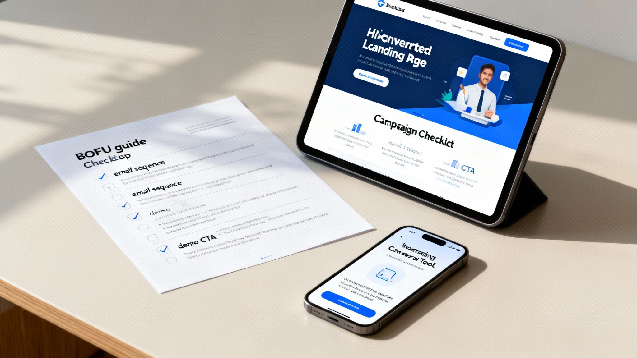 Marketing assets including a checklist, a tablet displaying a landing page, and a smartphone app.