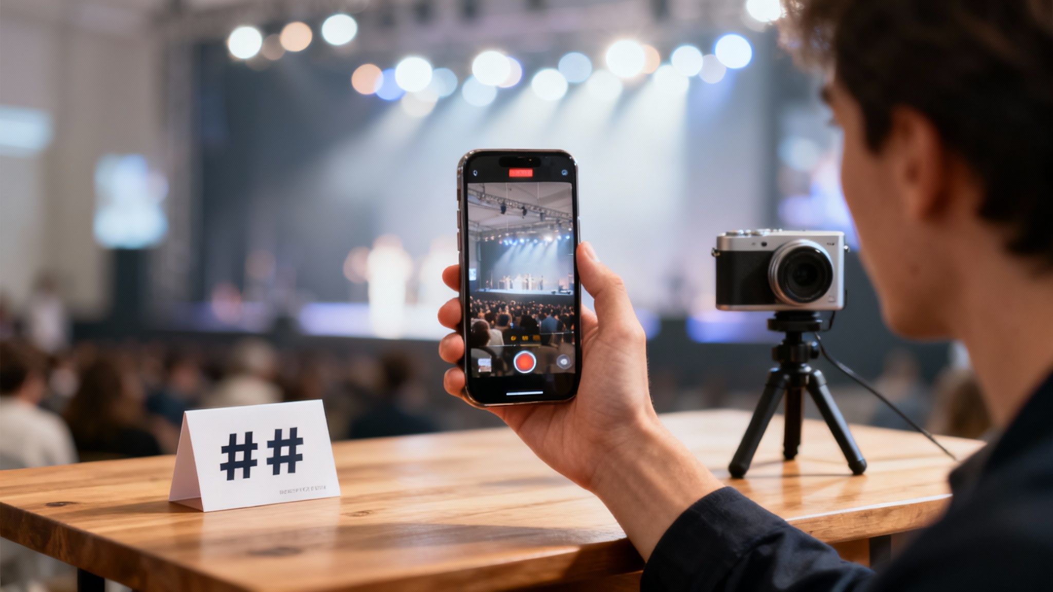 People engaging at an event, with social media icons overlaid