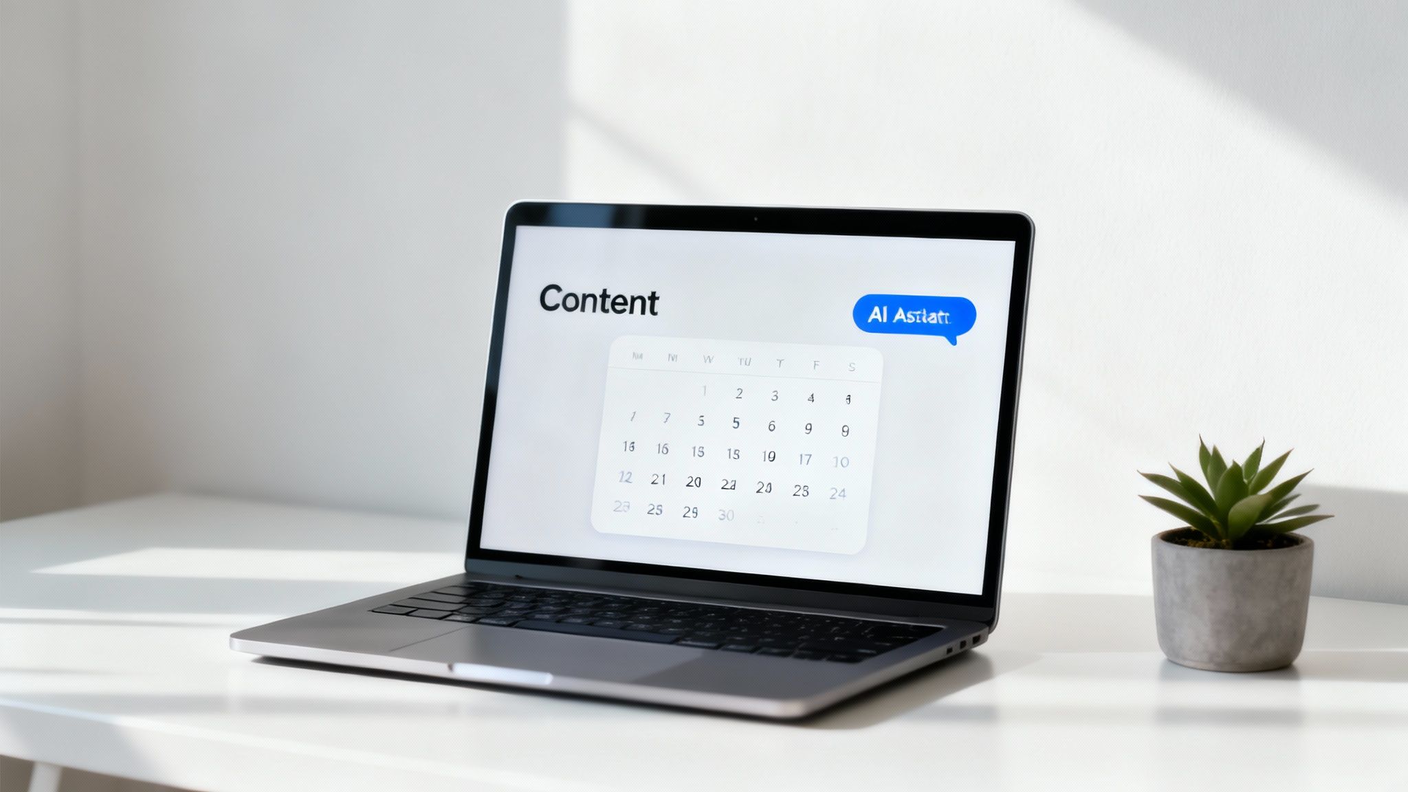 A person using a laptop with icons for AI, SEO, and analytics floating around, symbolizing a tech-powered content workflow.