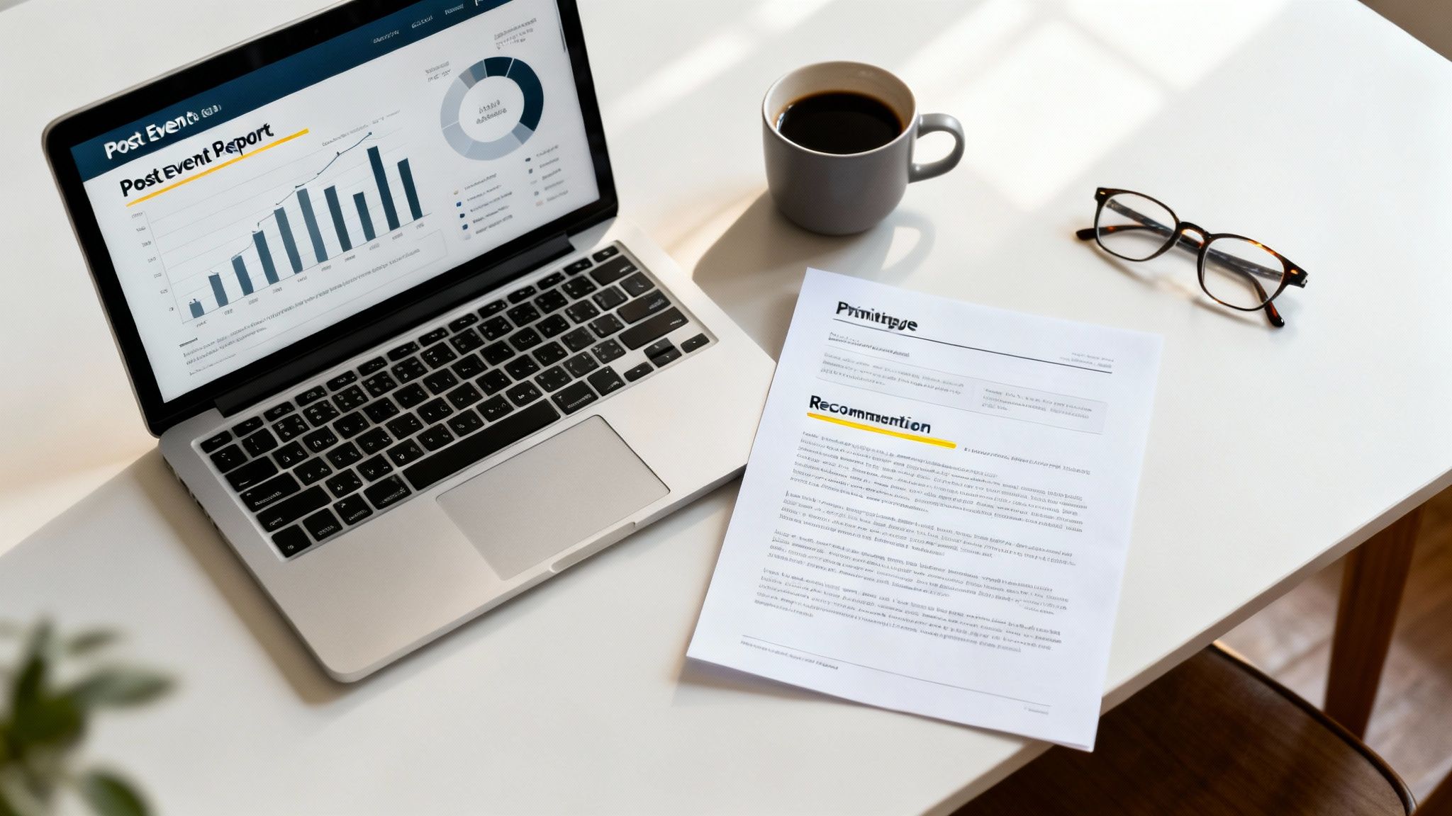 A laptop displaying a 'Post Event Report' with charts, a document, coffee, and glasses on a white desk.