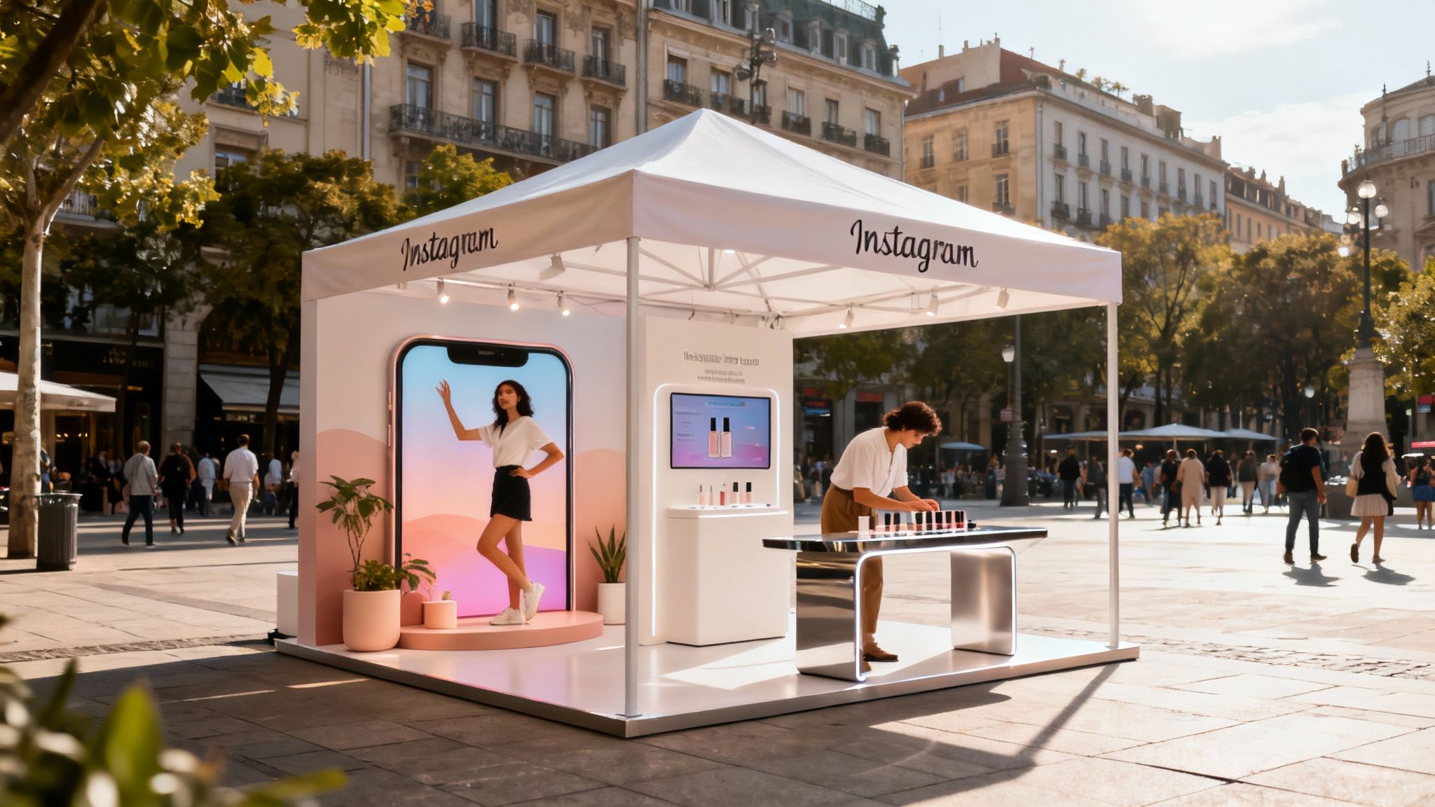 An Instagram marketing event in a city square, featuring a giant smartphone display and makeup products.