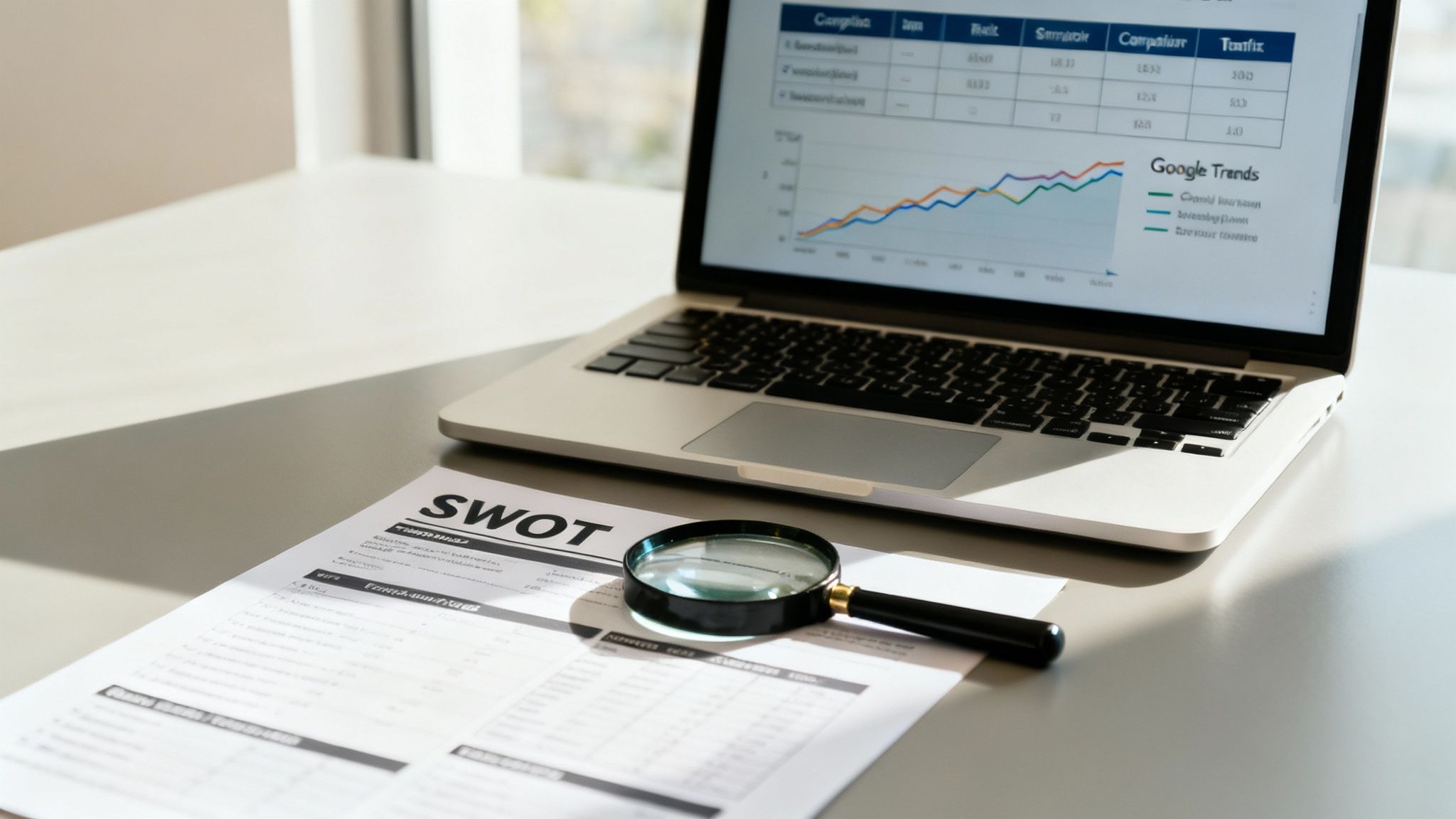 A laptop screen displays Google Trends graphs, next to a SWOT analysis document and a magnifying glass.