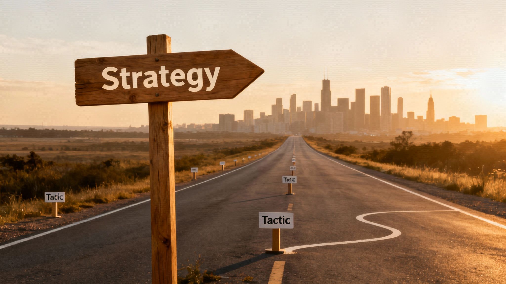 A wooden sign points right to “Strategy” on a road leading to a city skyline at sunset, with “Tactic” signs along the way.
