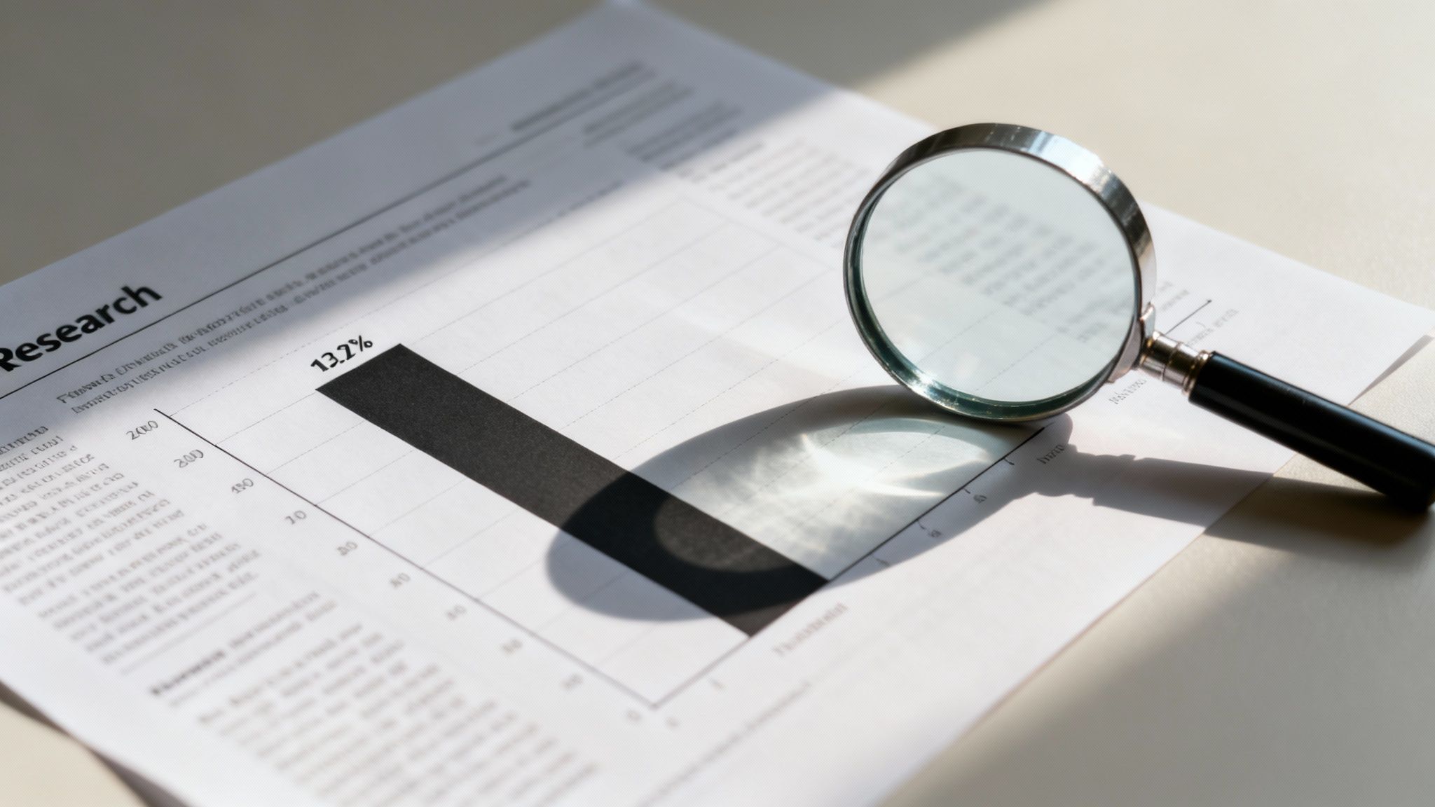 A magnifying glass rests on a research document displaying a bar chart with 13.2% data.