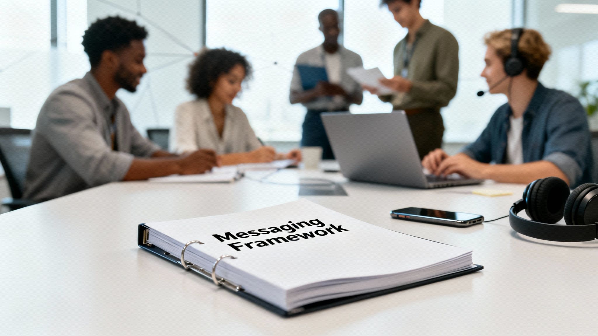 A 'Messaging Framework' document on a white table with a diverse team working in a modern office.