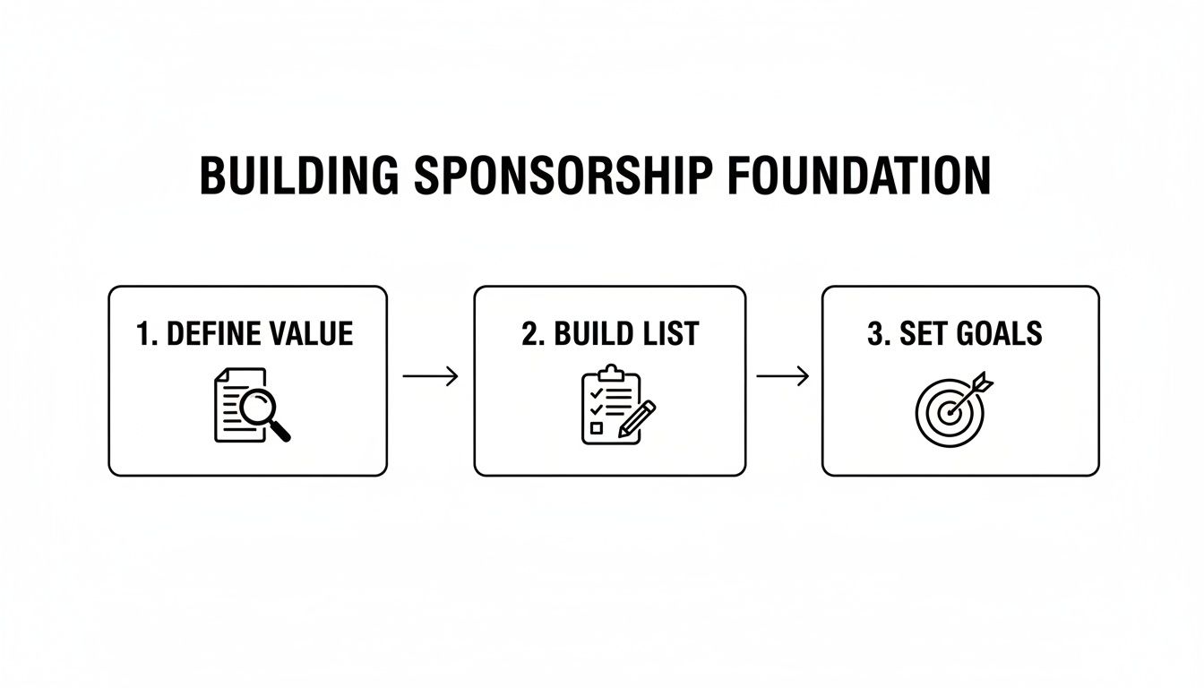 Diagram showing three steps for building a sponsorship foundation: define value, build list, set goals.