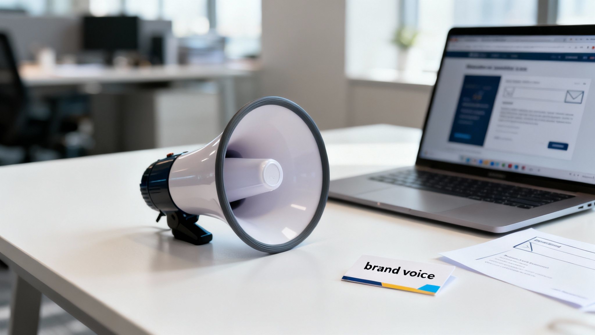 Megaphone and 'brand voice' card on a white office desk with a laptop, symbolizing communication.