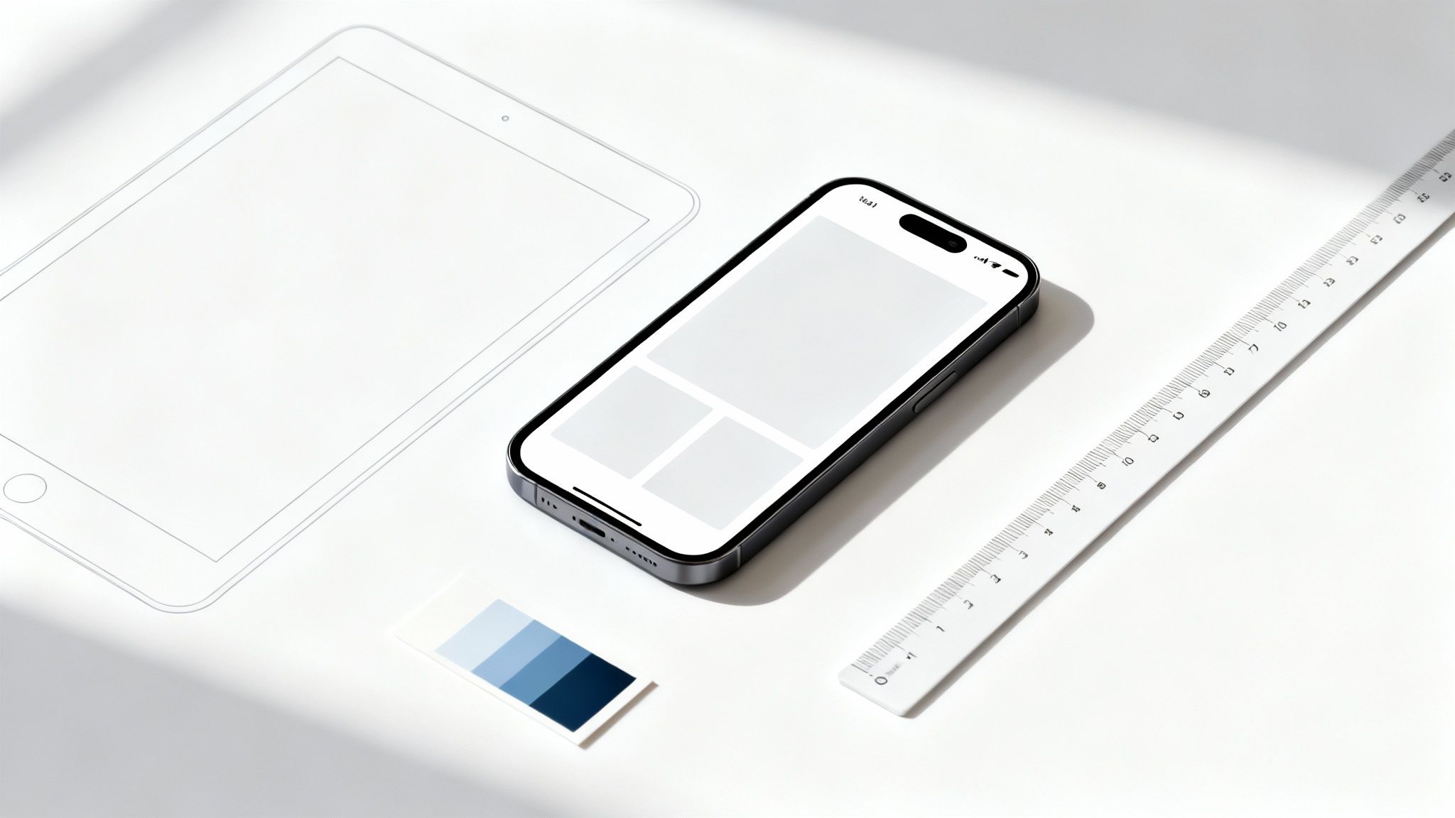 A minimalist flat lay of a design workspace with a smartphone, tablet outline, color palette, and ruler on a white desk.