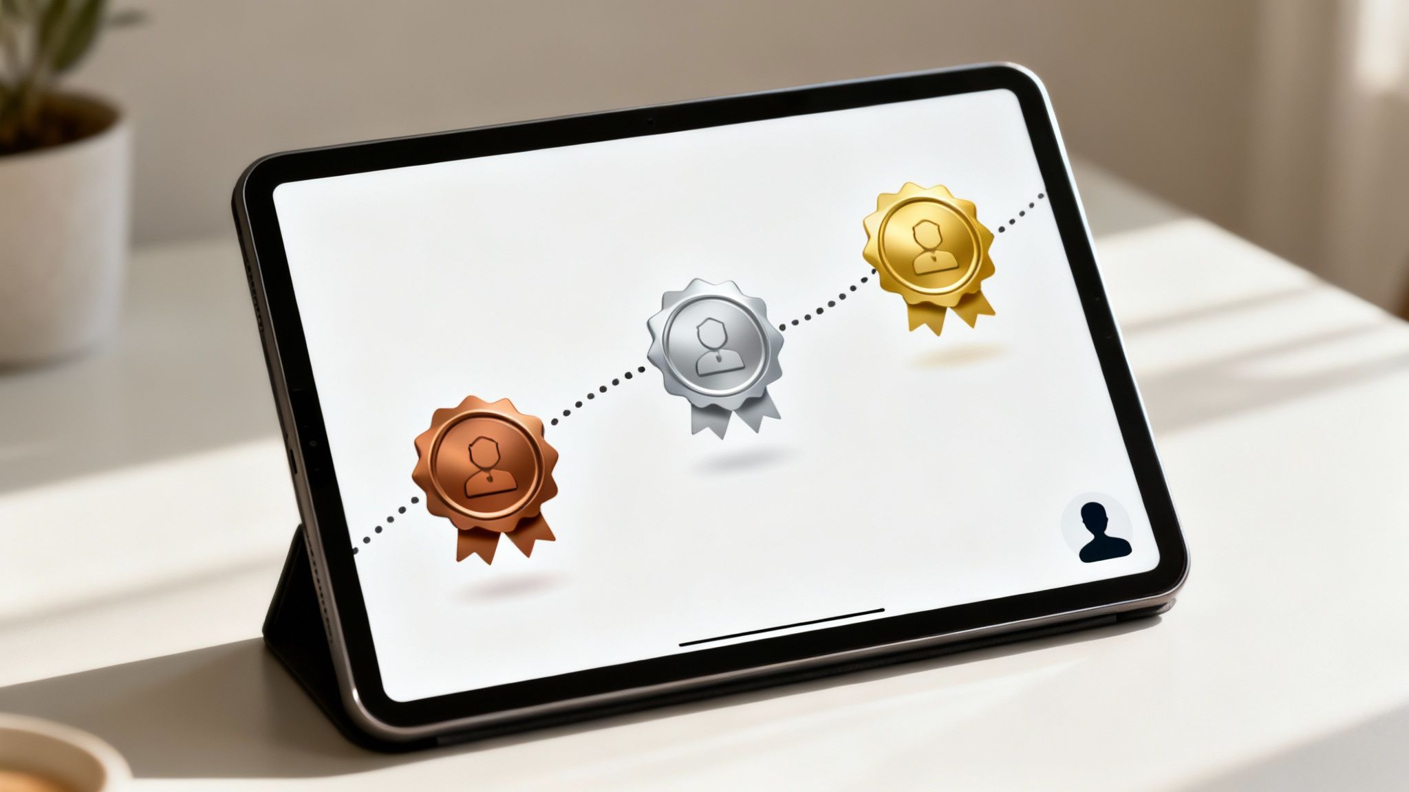 A tablet displays a user interface with bronze, silver, and gold achievement badges on a white background.
