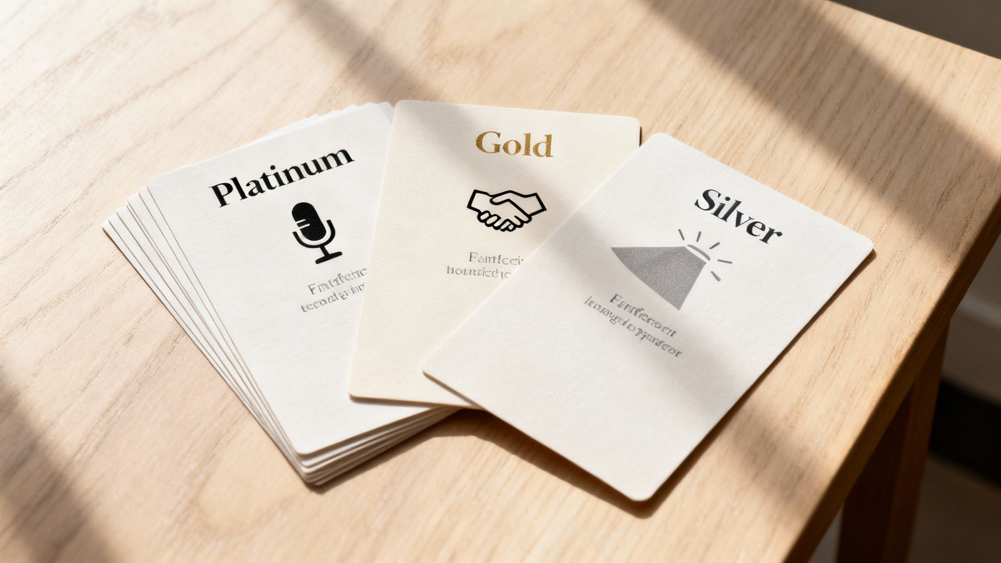 Three white cards labeled Platinum, Gold, and Silver with icons, lying on a wooden table.