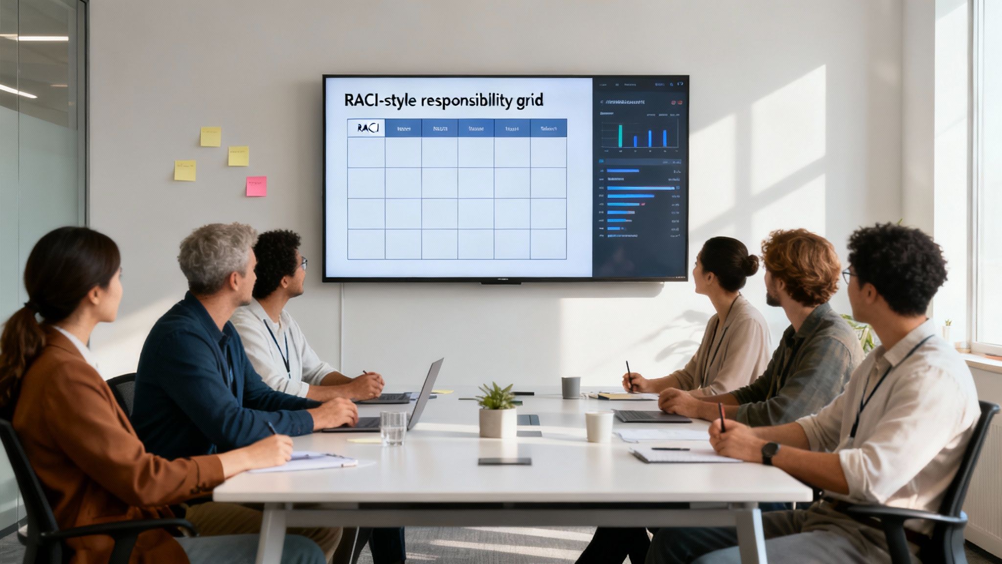 Professionals in a meeting looking at a large screen displaying a RACI grid and data charts.