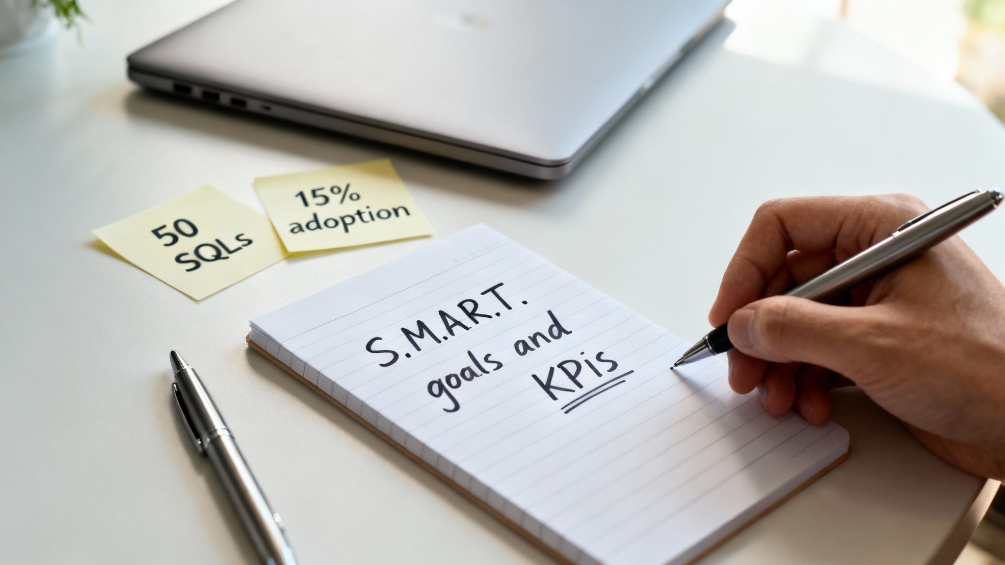 A hand writes 'S.M.A.R.T. goals and KPIs' on a notepad, next to sticky notes with metrics.