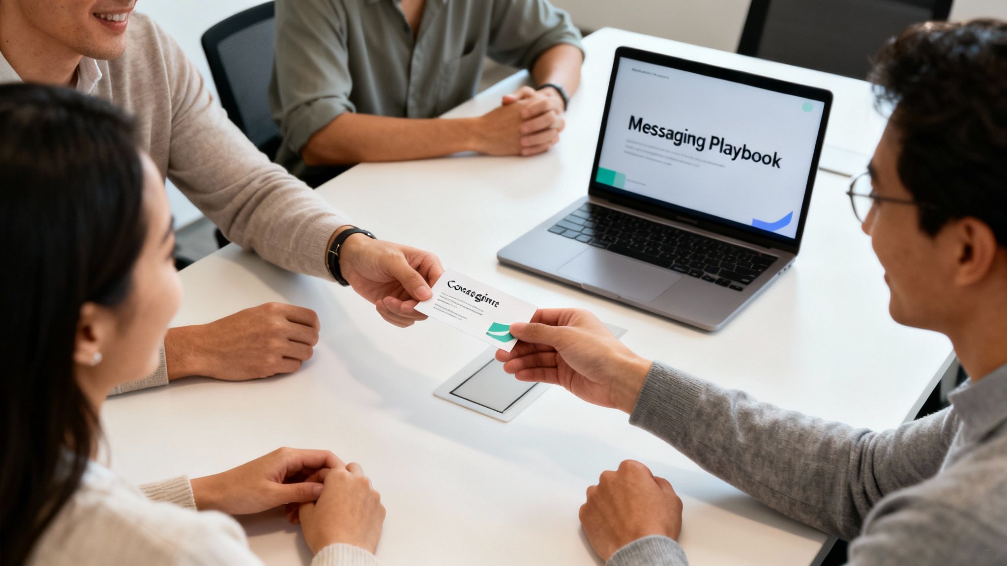 A business professional hands a business card to another at a meeting table with a laptop displaying 'Messaging Playbook'.