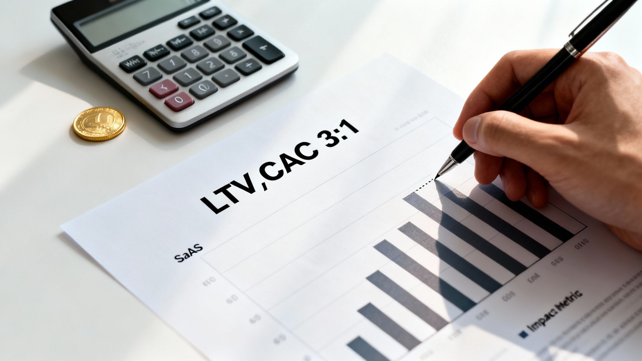 Analyzing marketing effectiveness: LTV to CAC ratio on a business document with calculator and coin.