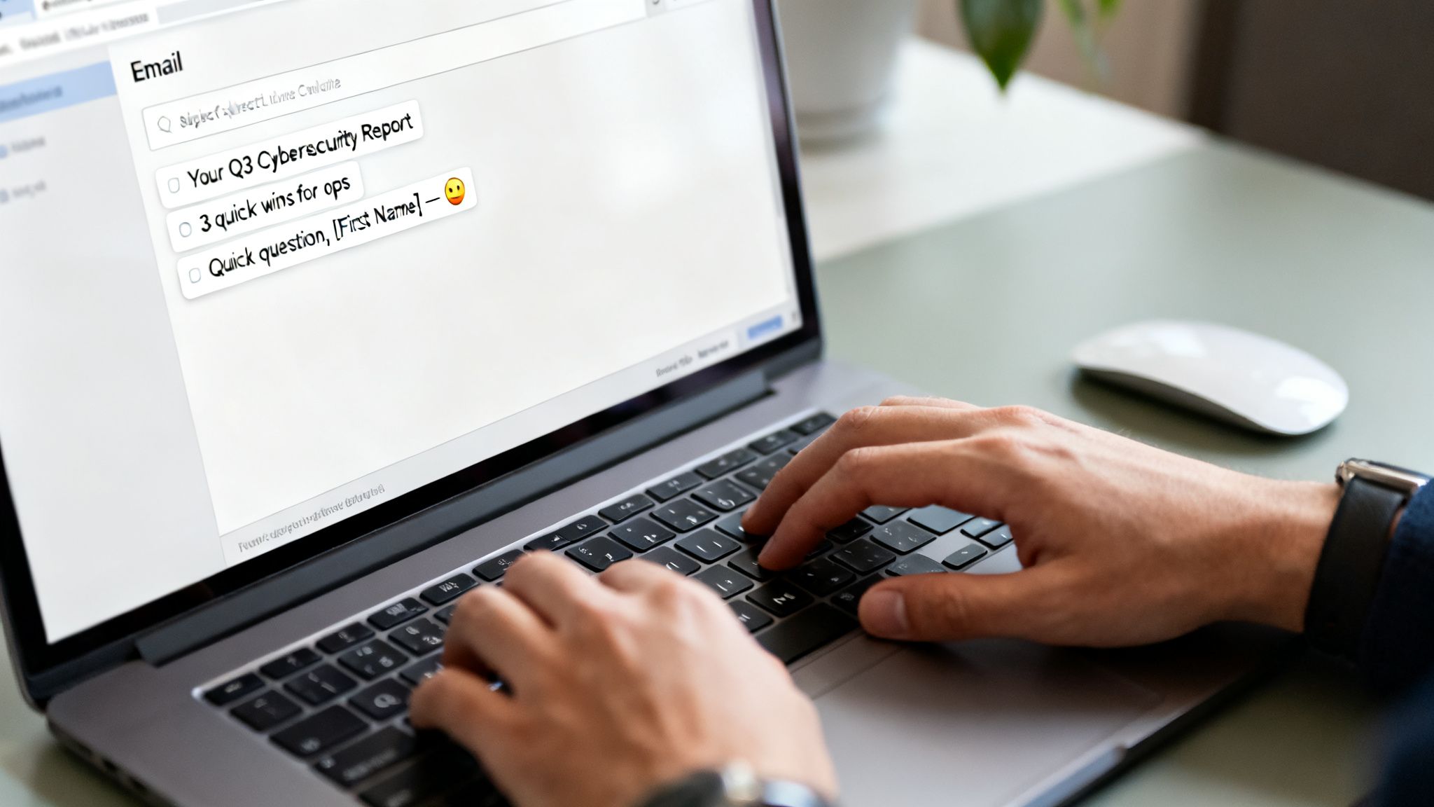 A person types on a laptop, reviewing various email subject line options for better engagement.