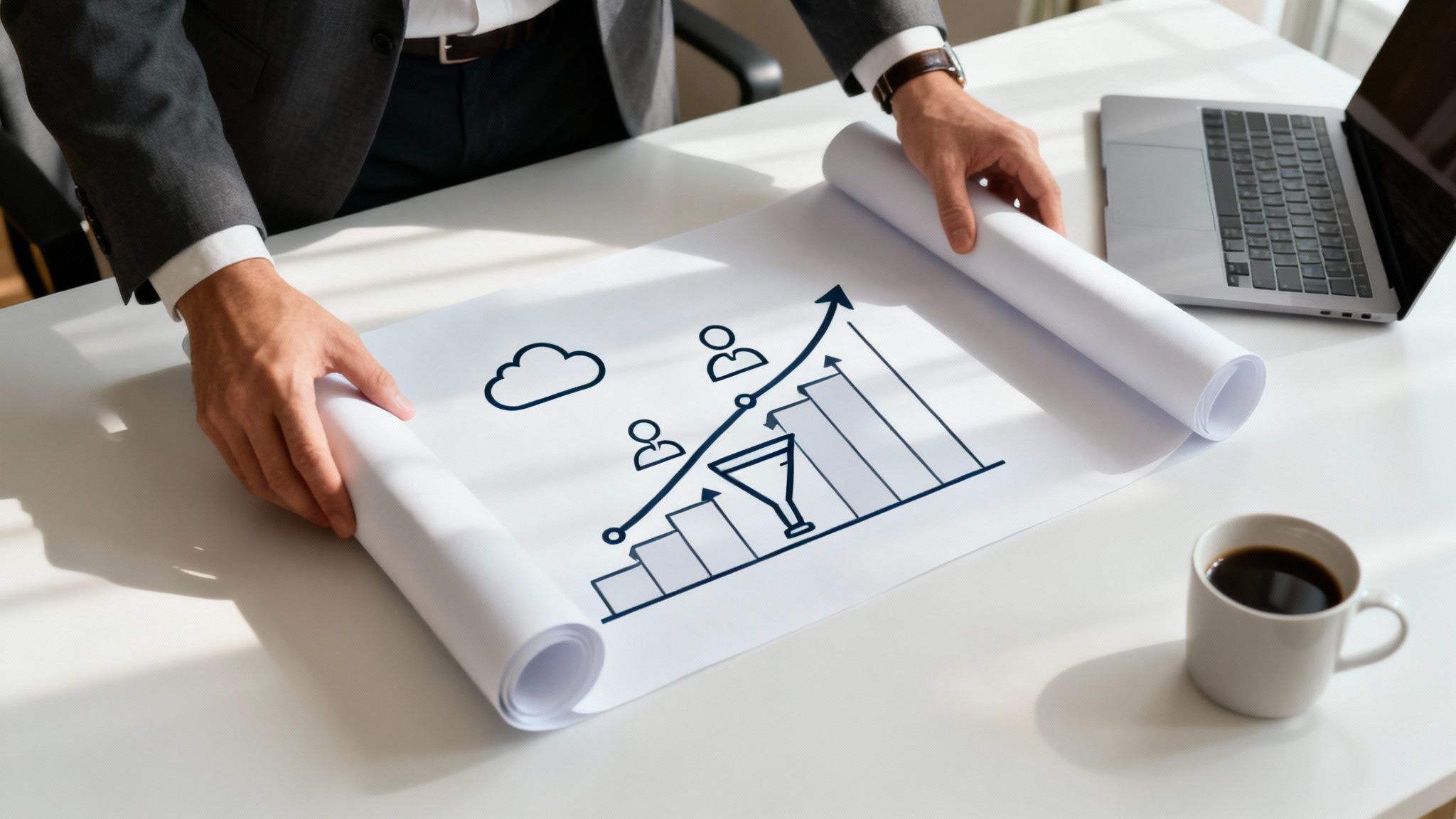 A businessman unrolls a document showing a business growth graph with strategic icons.
