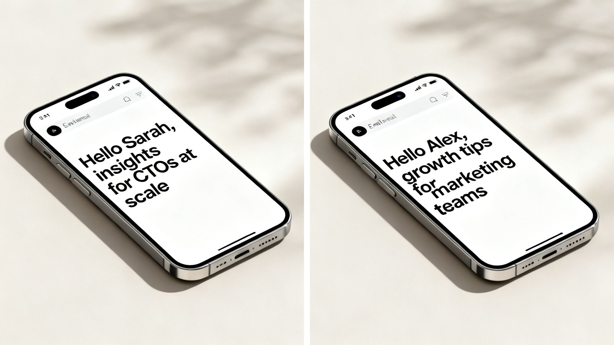 Two iPhones showcasing personalized email content for CTOs and marketing teams, highlighting targeted communication.