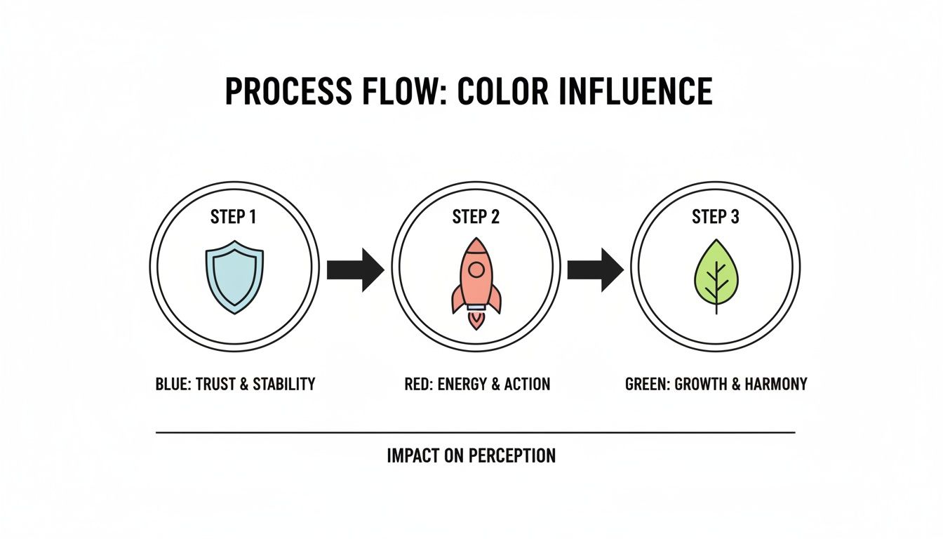 A process flow diagram illustrating the influence of blue, red, and green colors on perception, representing trust, energy, and growth.