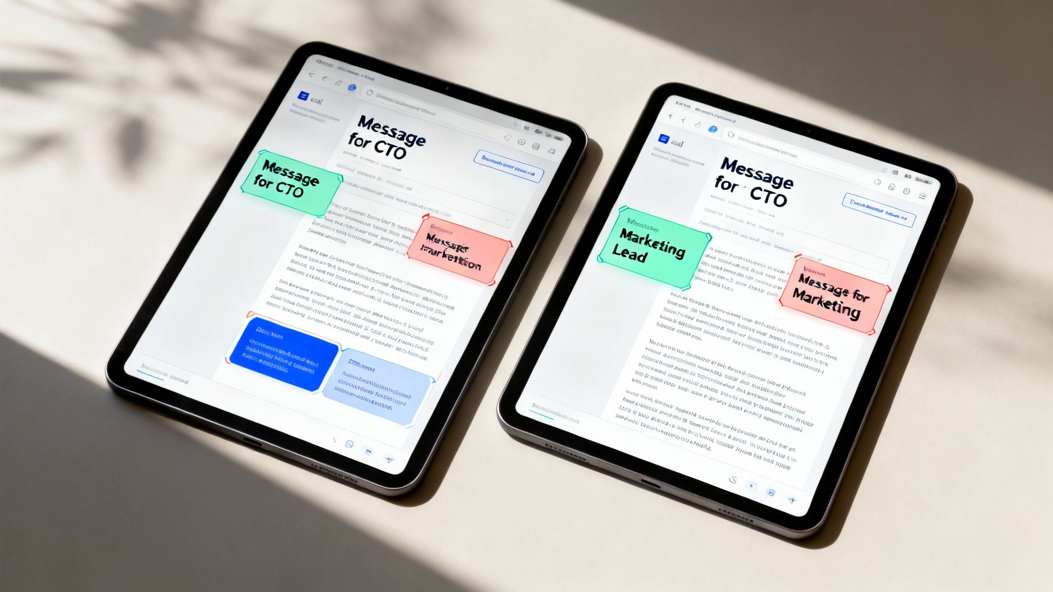 Two tablets displaying email marketing messages targeting CTO and marketing leads with colored text boxes