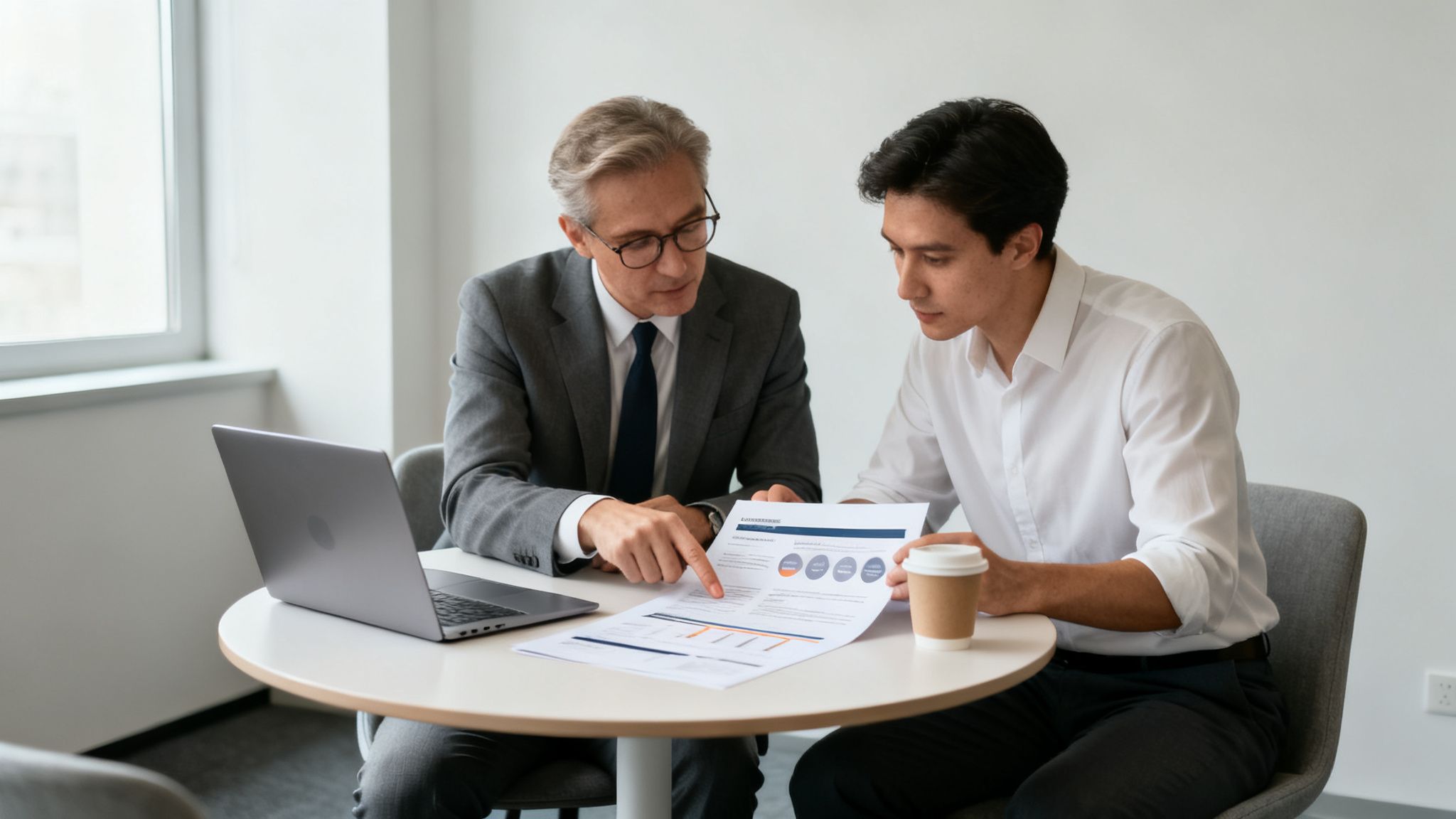 Two male colleagues discuss data, pointing at charts on a document with a laptop and coffee.