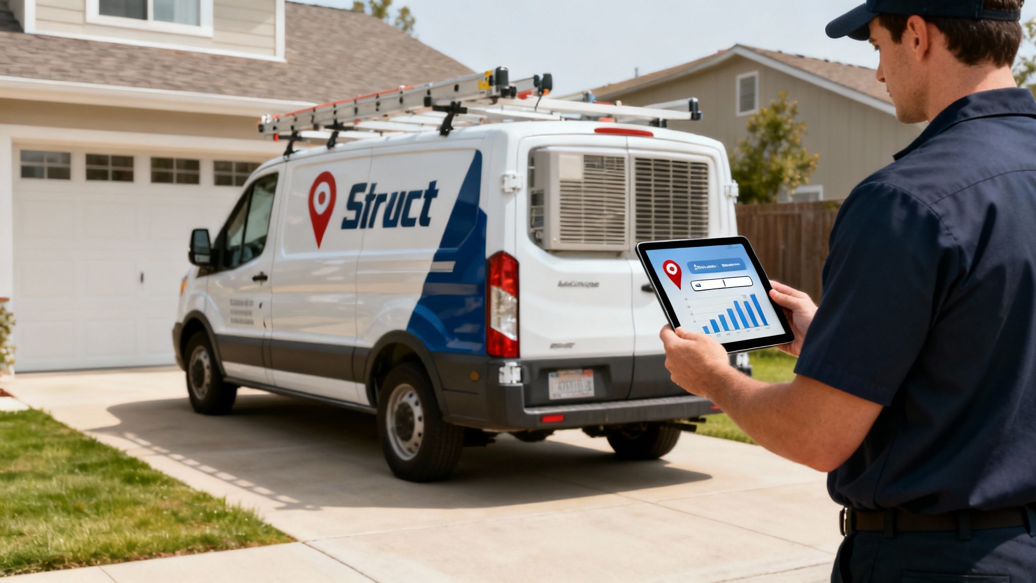 An HVAC technician working on an outdoor air conditioning unit, representing the need for effective marketing.