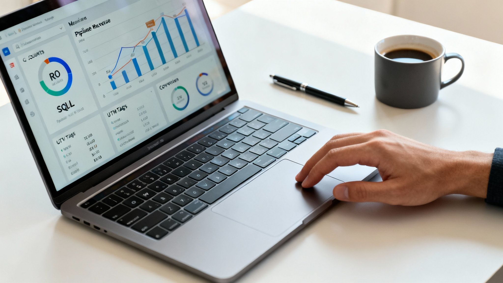 A person analyzing graphs and charts on multiple computer screens, representing marketing ROI.