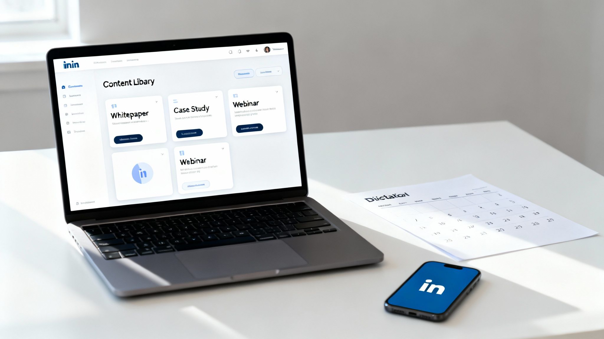 A laptop displaying a content library with whitepapers and webinars, next to a calendar and a phone with the LinkedIn logo.