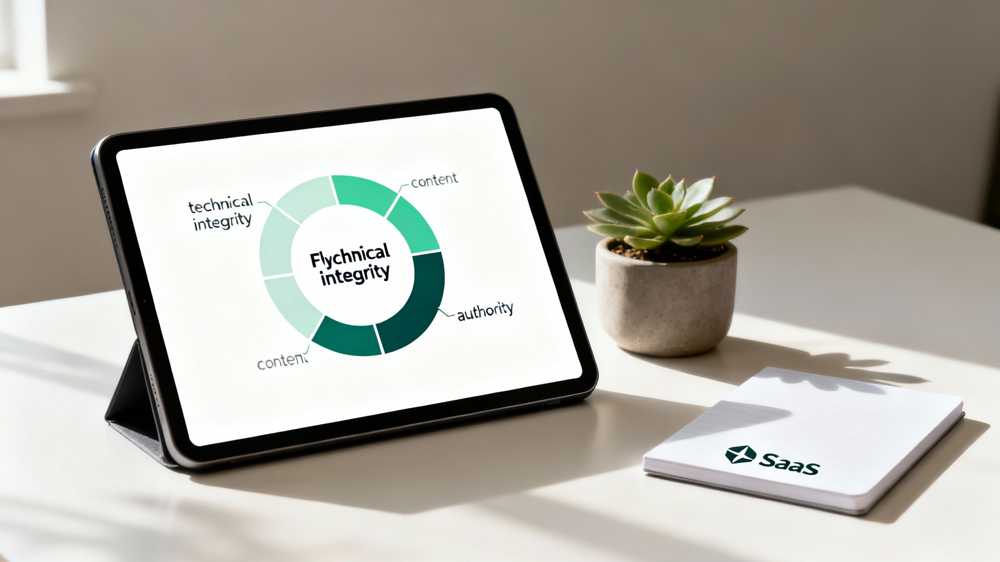Tablet displaying Flychnical integrity diagram with authority content and technical components on desk